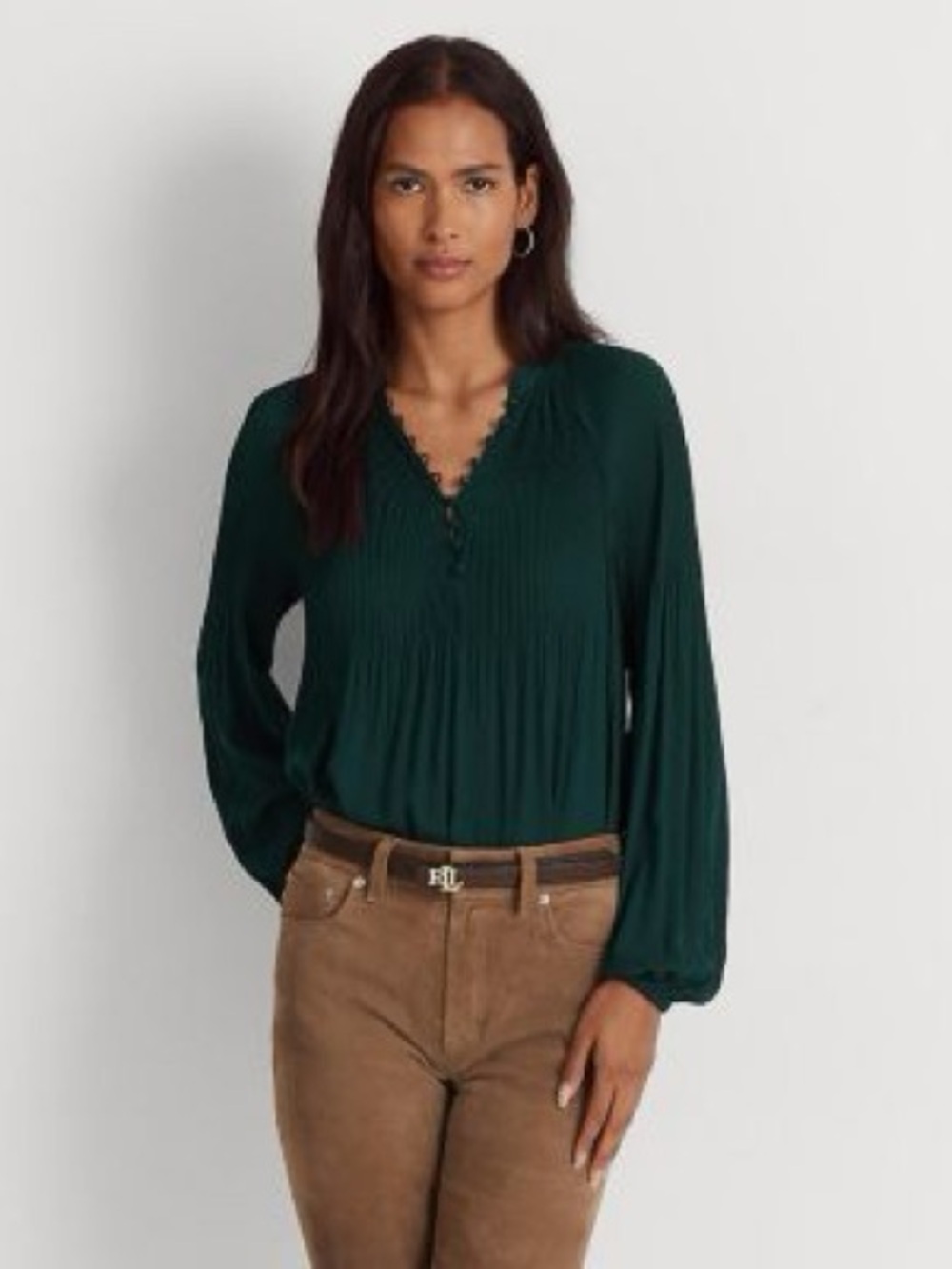 Ralph Lauren  Green Pleated Long-Sleeve Blouse